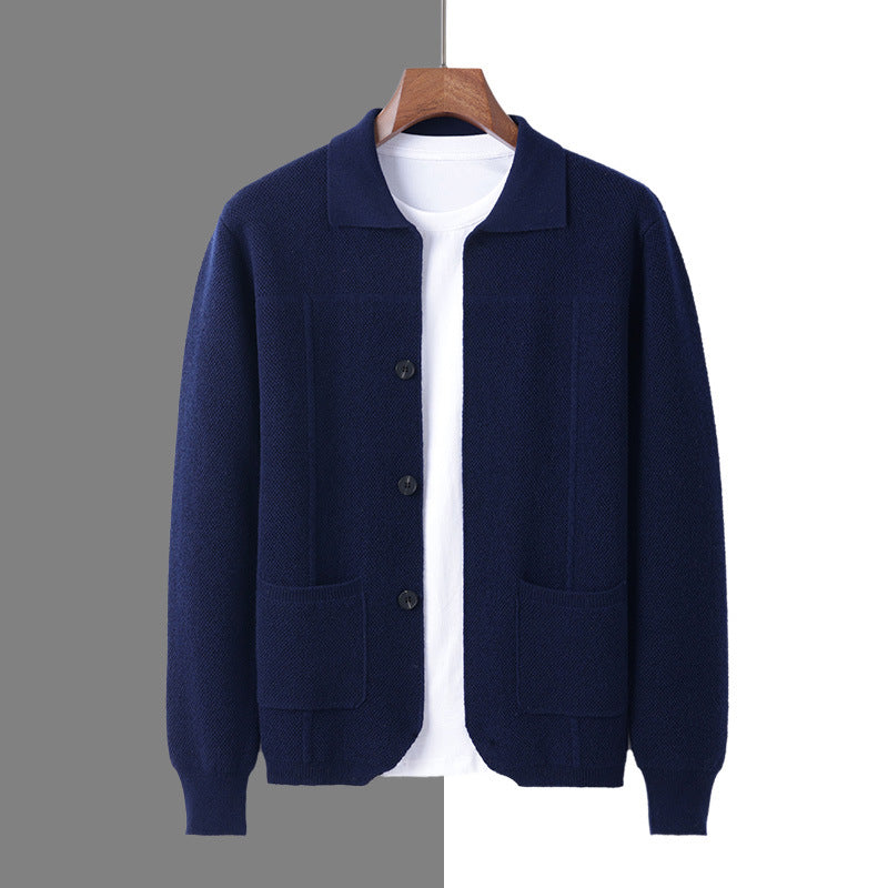 100% Wool Knit Shirt-Collar Cardigan – Men – Navy – front