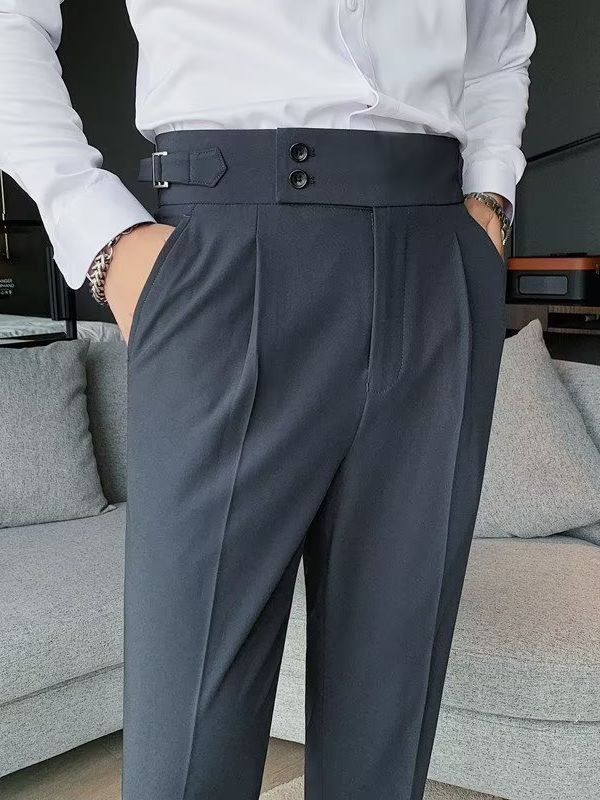 High-Waist Pleated Trousers, Double-Button Waist – Men – Charcoal – side