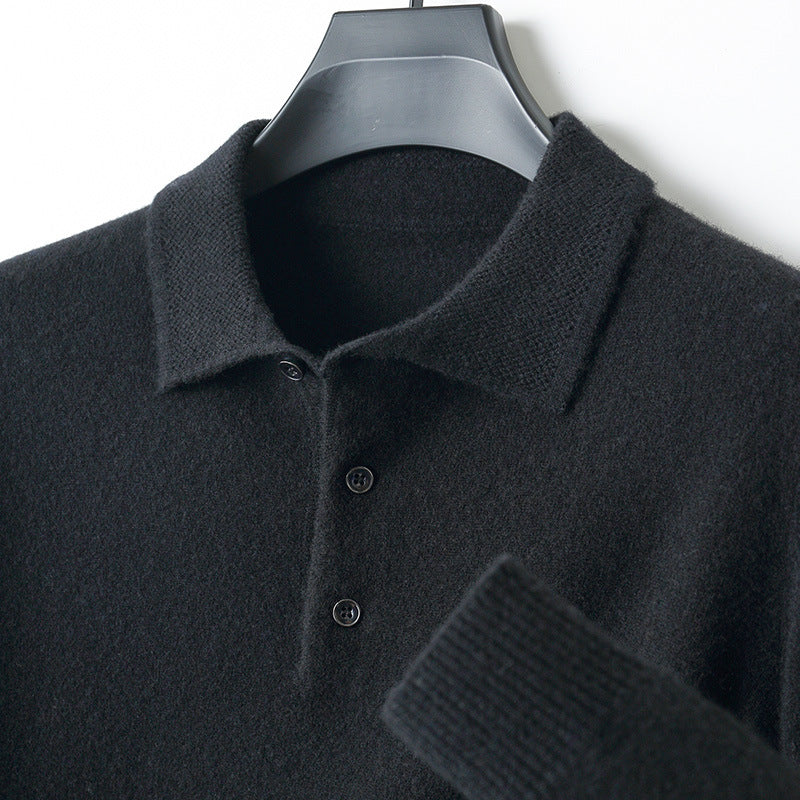 96–99% Wool Knit Polo Sweater, Long Sleeve – Men – Black – collar