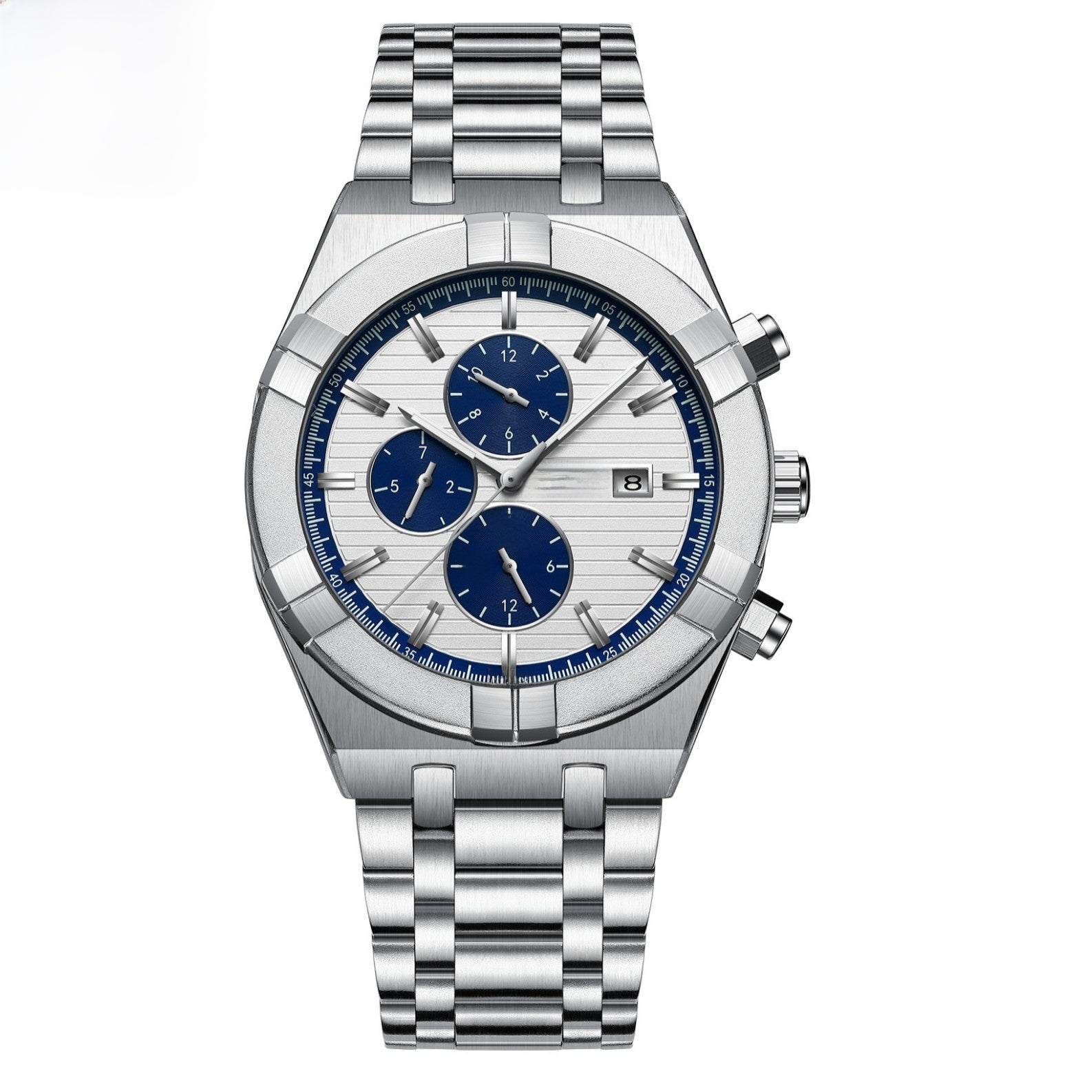 Automatic Mechanical Steel Watch, Sub-Dials – Men – Silver · White & Blue Dial – front
