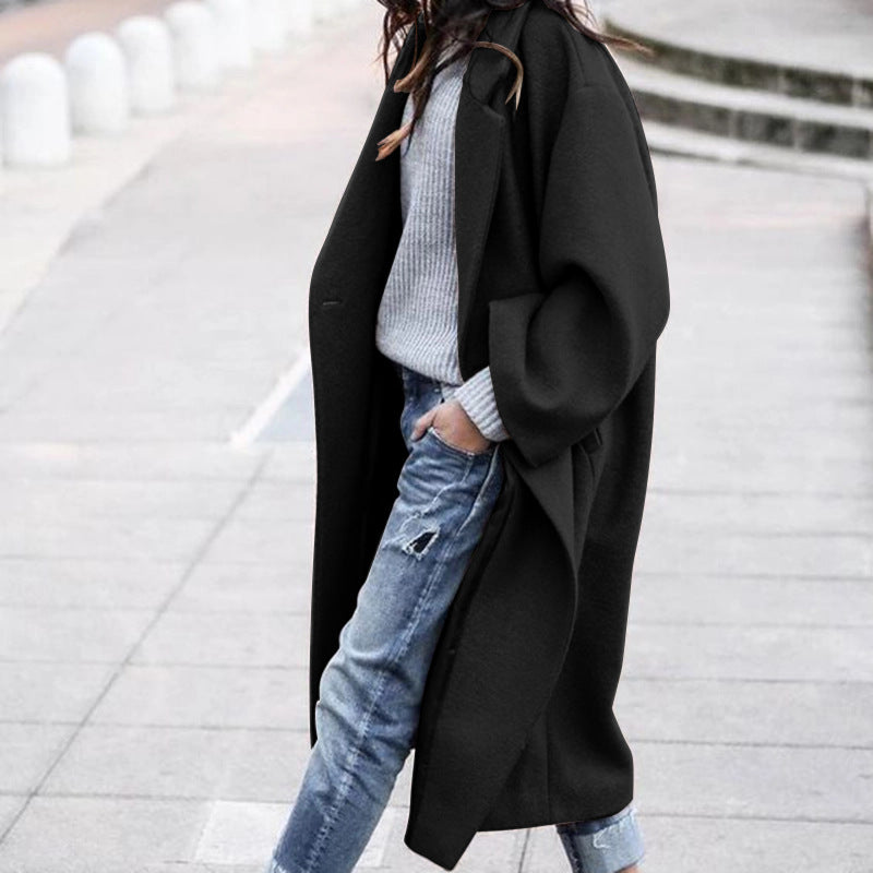 Long Oversized Lapel Coat – Women – Black – worn