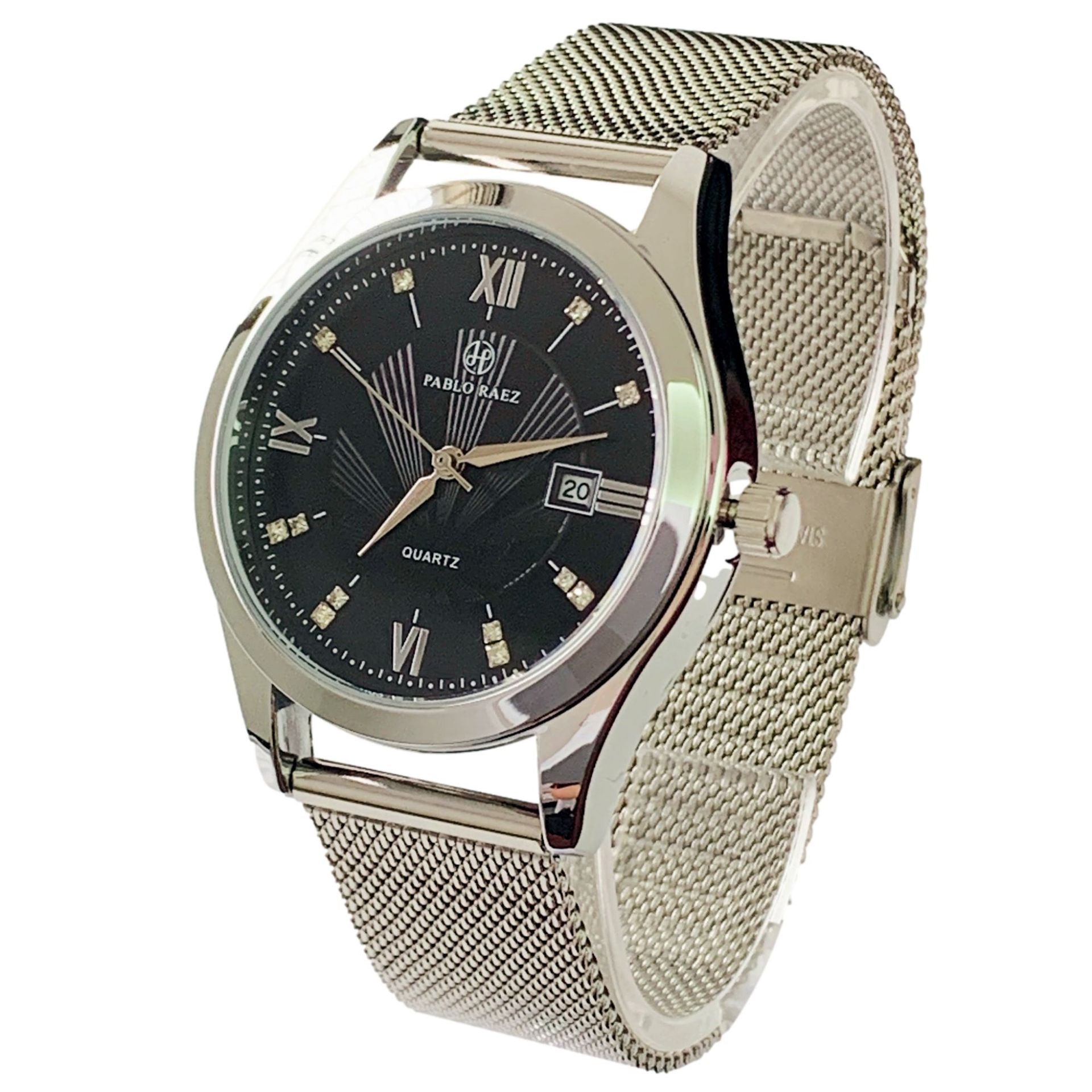 Roman Numeral Quartz Watch, Mesh or Leather – Men – Silver · Black Dial · Steel Mesh – front