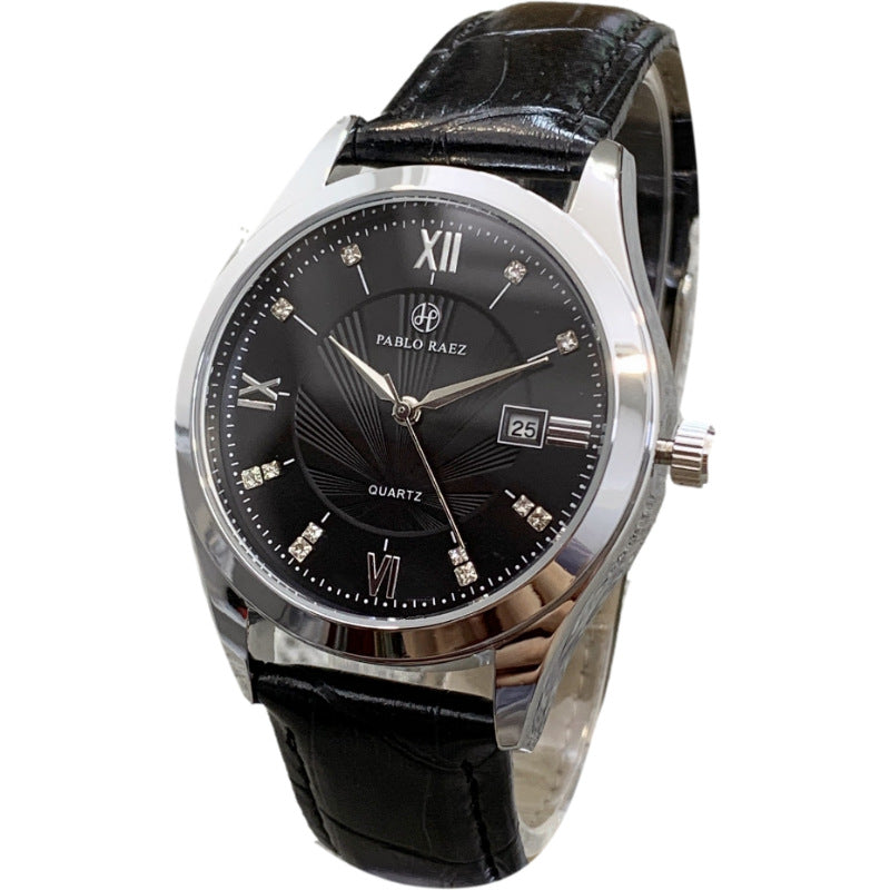 Roman Numeral Quartz Watch, Mesh or Leather – Men – Silver · Black Dial · Black Leather – front