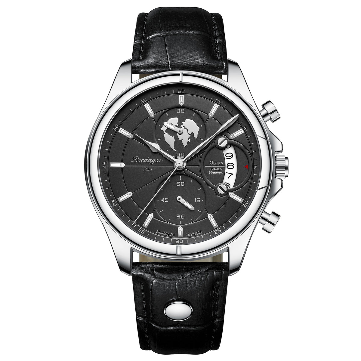 Chronograph Watch, Sapphire Glass, Leather or Steel – Men – Silver · Black Dial · Black Leather – front