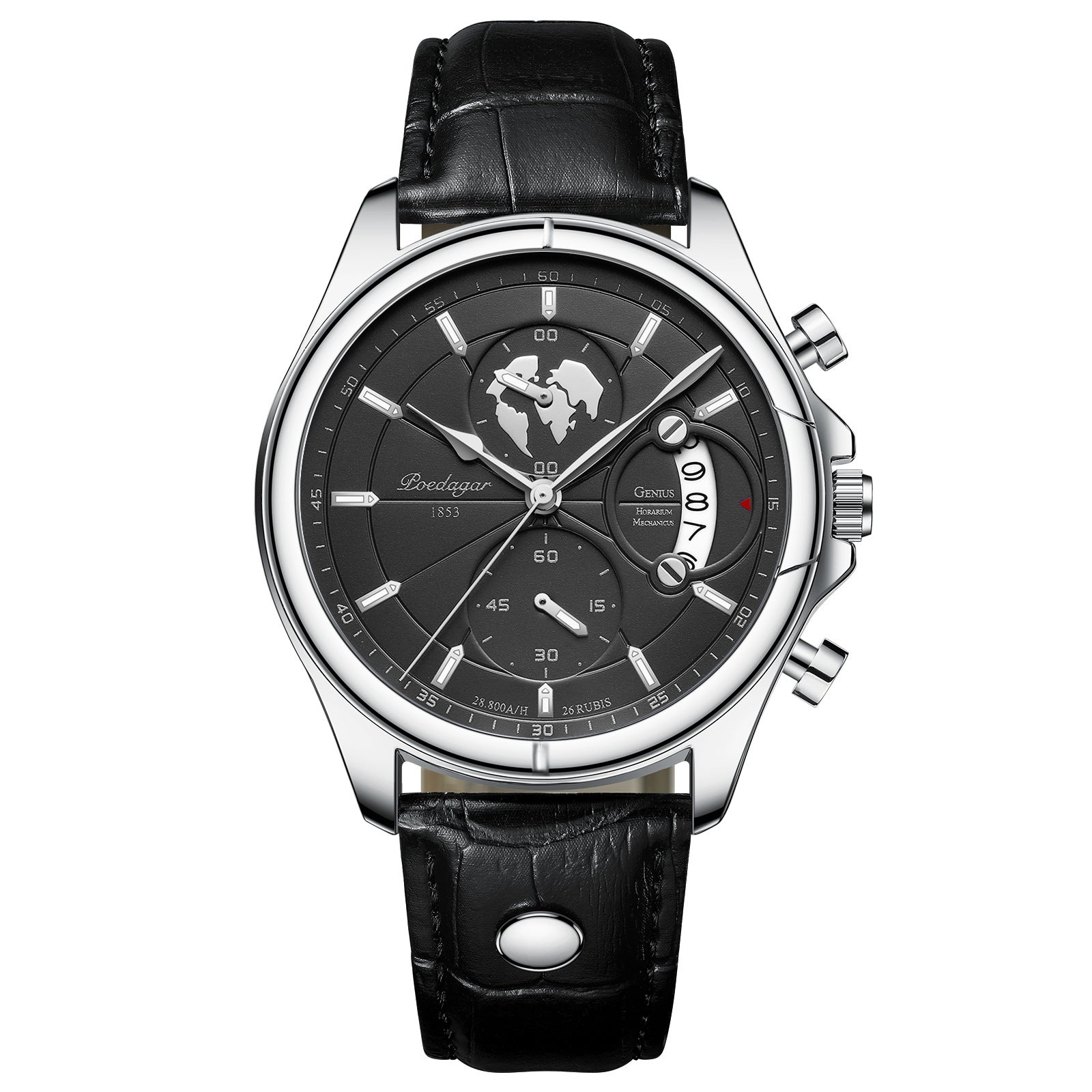Chronograph Watch, Sapphire Glass, Leather or Steel – Men – Silver · Black Dial · Black Leather – front