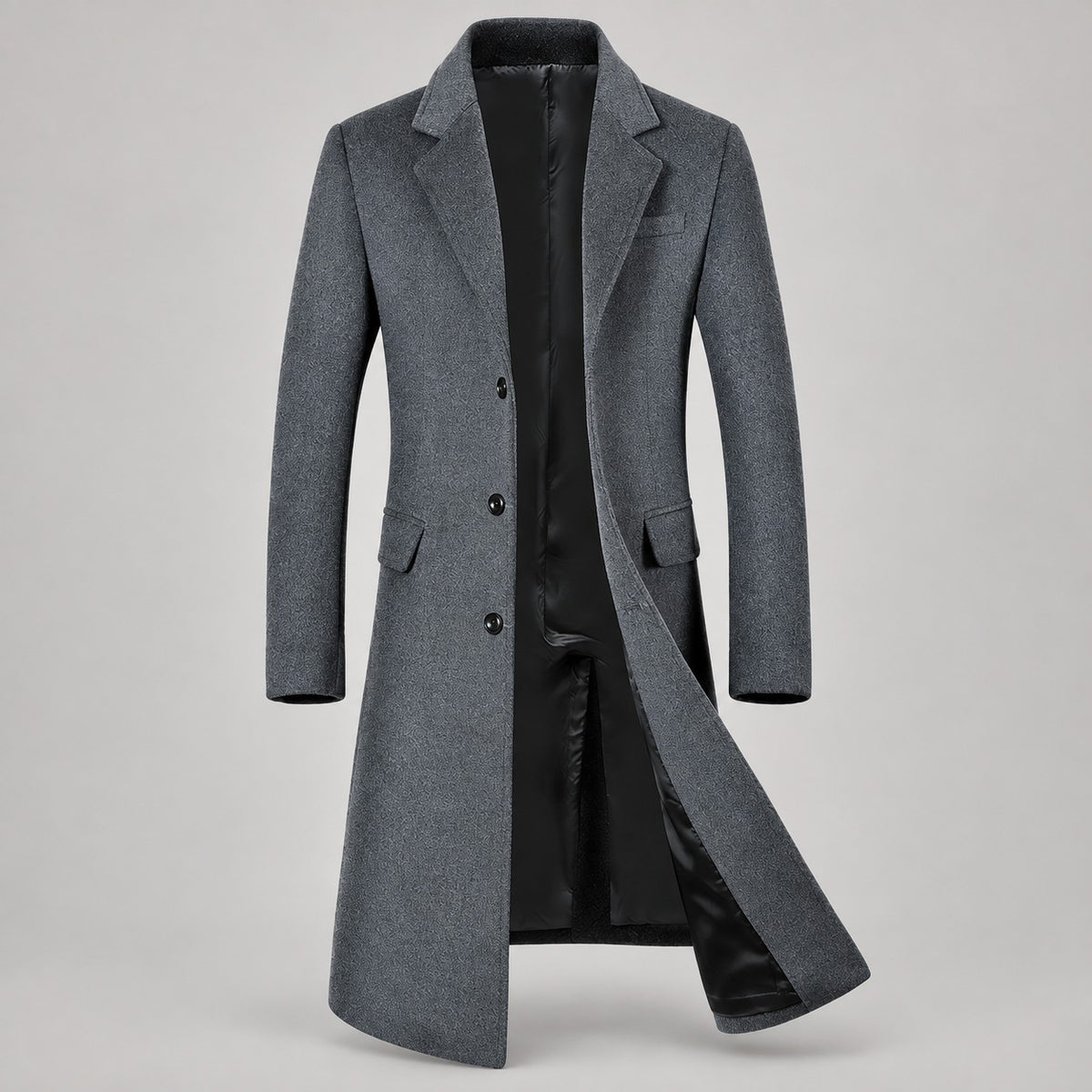 50% Wool Single-Breasted Long Overcoat – Men – Grey – front