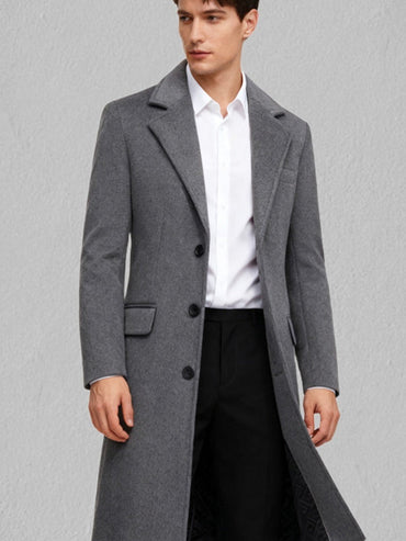 50% Wool Single-Breasted Long Overcoat – Men – Grey – worn