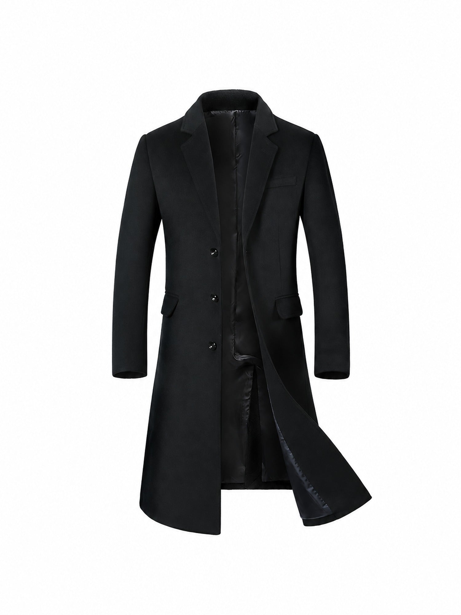 50% Wool Single-Breasted Long Overcoat – Men – Black – front