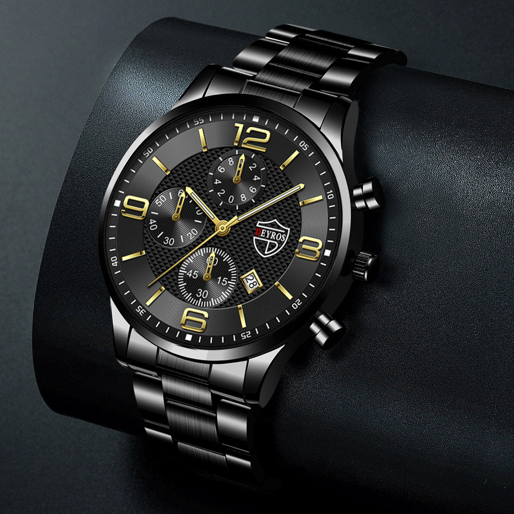 Stainless Steel Chronograph Watch – Men – Black · Black Dial · Gold Hands – lifestyle