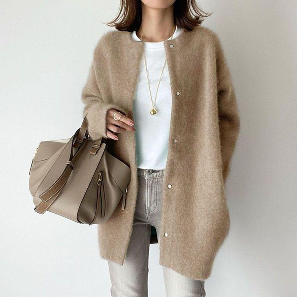 Long Round-Neck Knit Cardigan Coat – Women – Camel – worn