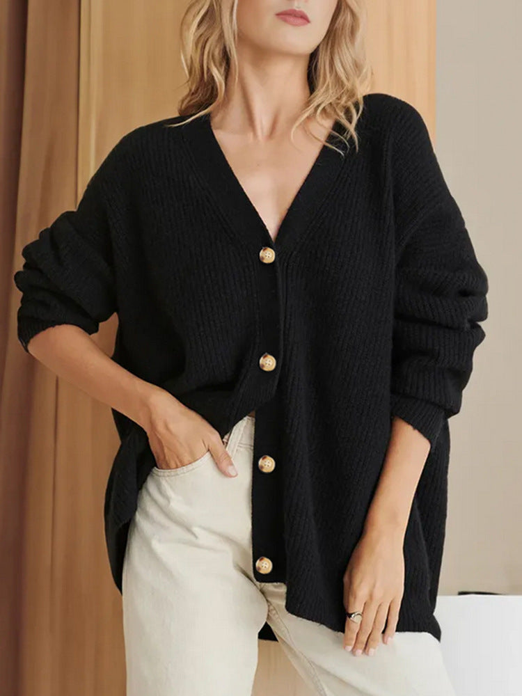 Ribbed V-Neck Button Cardigan – Women – Black – worn