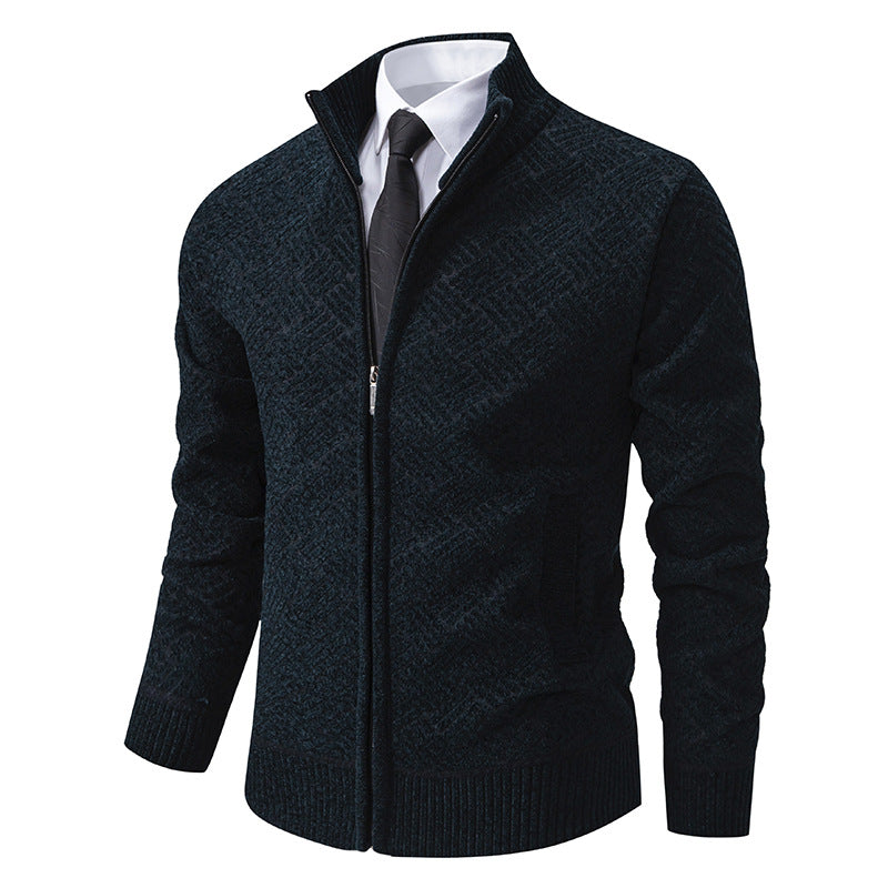 Fleece-Lined Basket-Weave Zip Cardigan – Men – Navy – front
