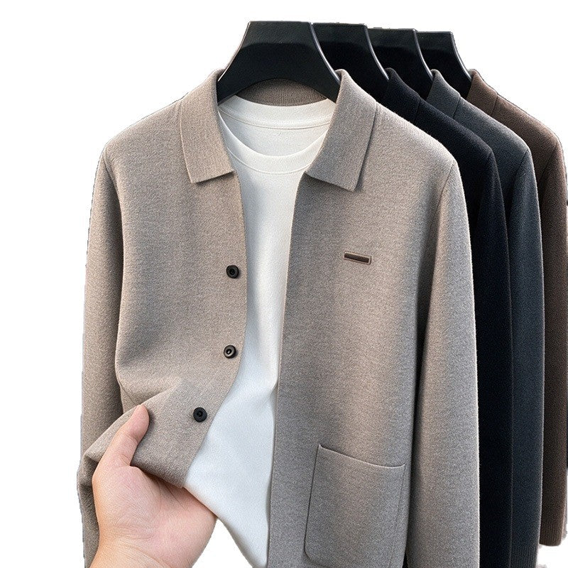 Shirt-Collar Knit Cardigan, Button Front – Men – Stone – front, cut out