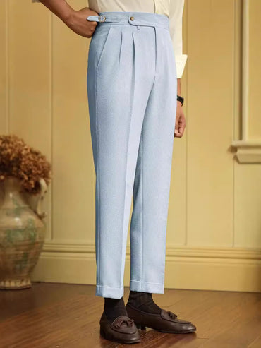Seersucker High-Waist Trousers, Side Buckles – Men – Light Blue – worn, front