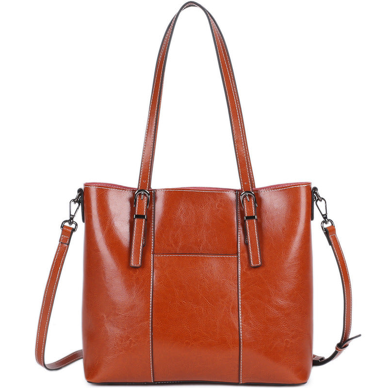 Genuine Leather Tote Bag – Women – Tan – front, plain background