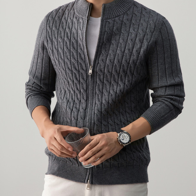 Cable Knit Zip Cardigan, Ribbed Stand Collar – Men – Grey – worn