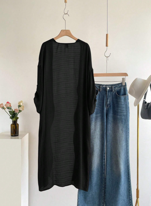 65% Viscose Long Open Kimono Duster – Women – Black – on hanger