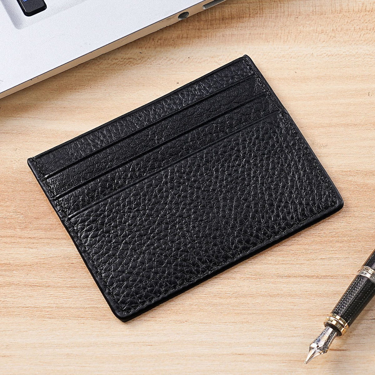 Ultra-Thin Leather Card Holder, RFID Blocking – Men – Black · Pebbled – front