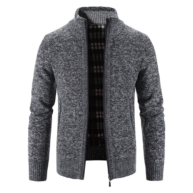 Check-Lined Marled Knit Zip Cardigan – Men – Charcoal – front