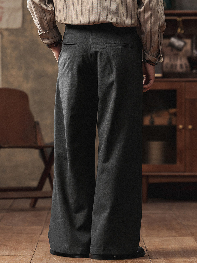 High-Waist Double-Pleat Wide Trousers, 1930s Cut – Men – Charcoal – worn, three-quarter