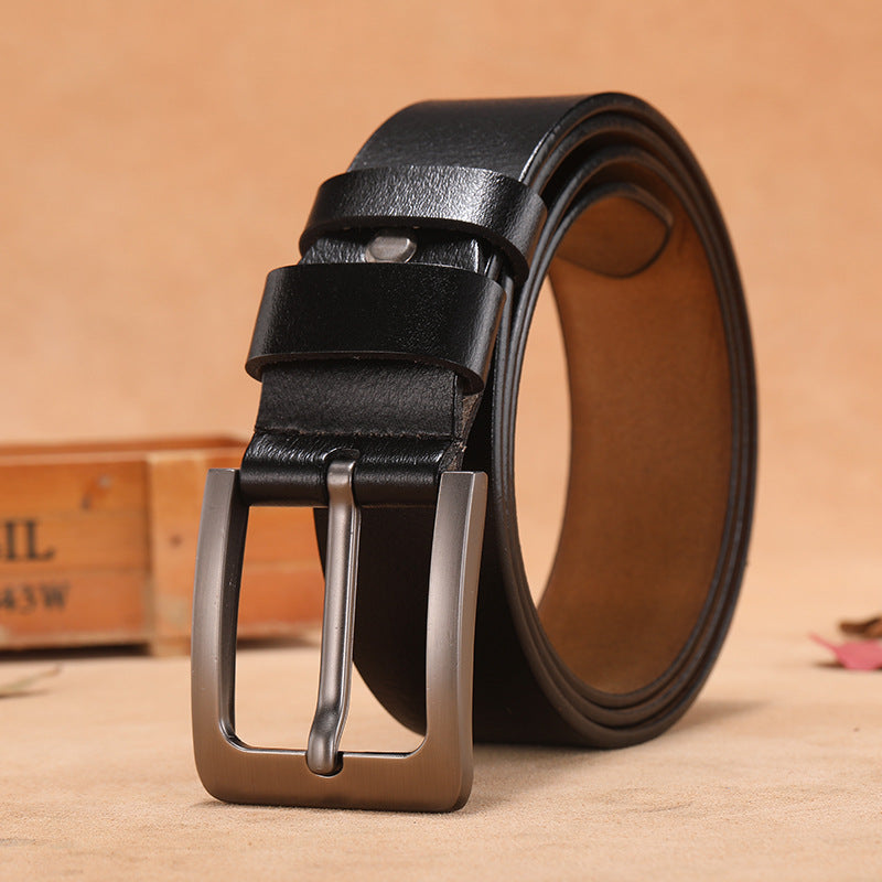 Cowhide Leather Belt, Brushed Buckle – Men – Black · Classic Pin Buckle – front