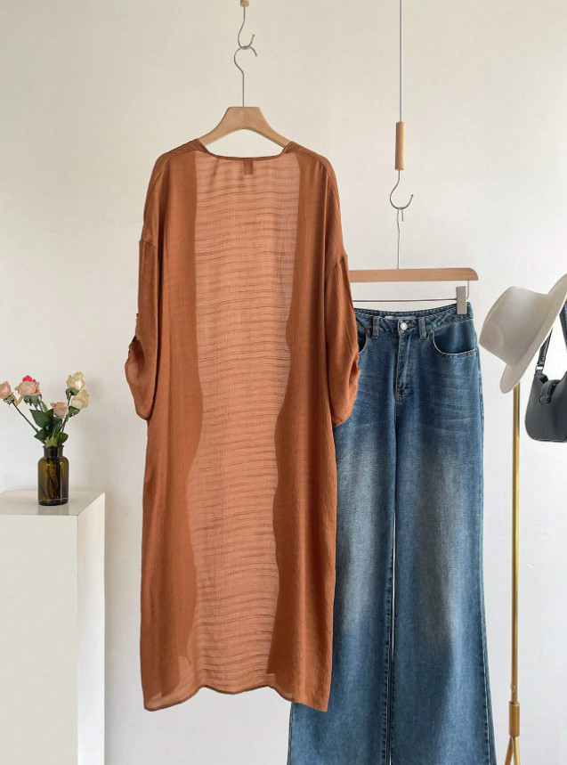 65% Viscose Long Open Kimono Duster – Women – Brown – on hanger