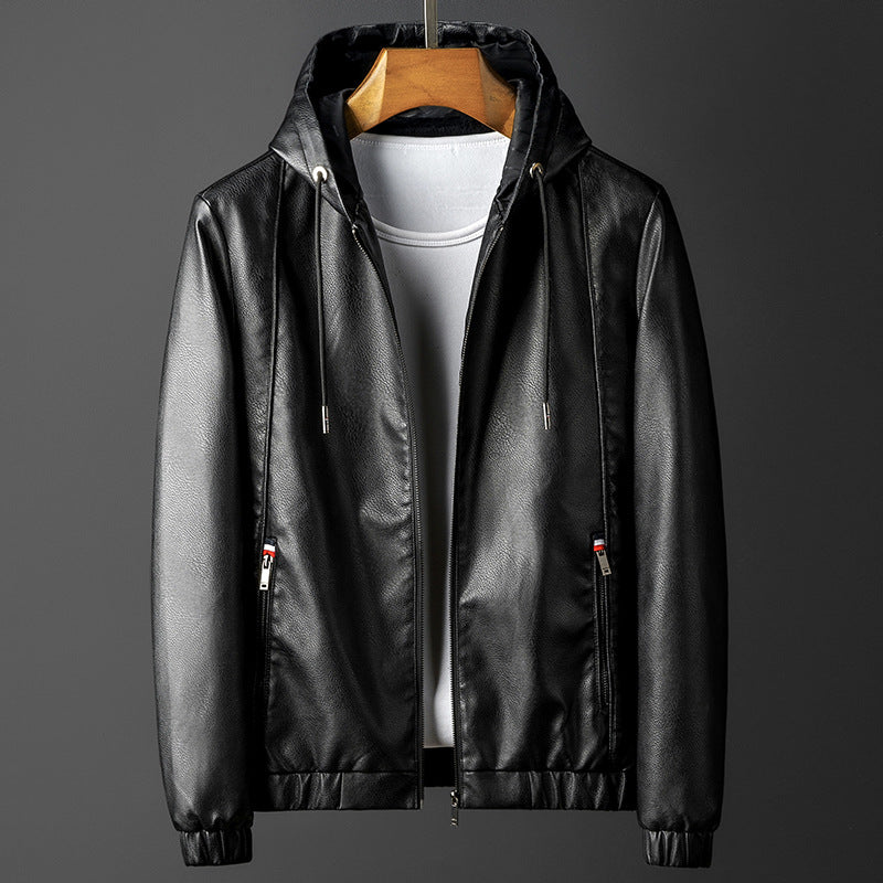 Hooded Leather-Look Jacket – Men – Black – front