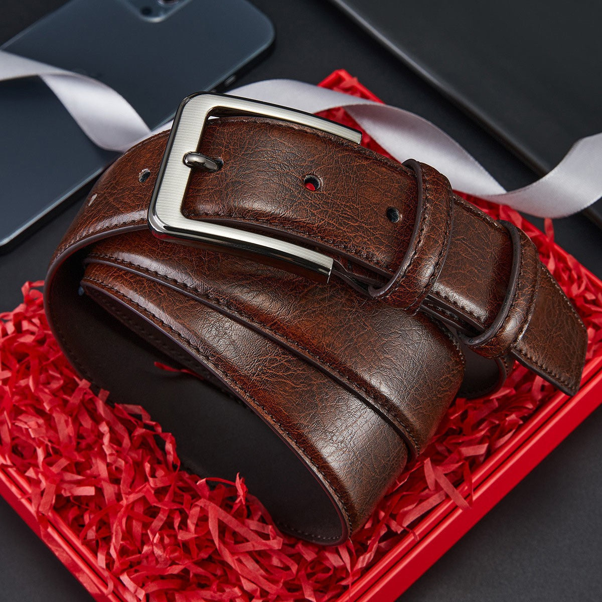 Wide Leather-Look Jeans Belt – Men – Brown · Classic Pin Buckle – front