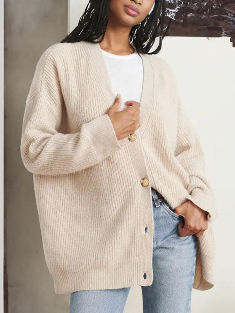 Ribbed V-Neck Button Cardigan – Women – Cream – worn