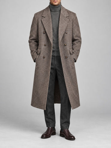 70% Wool Herringbone Double-Breasted Overcoat – Men – Brown – worn