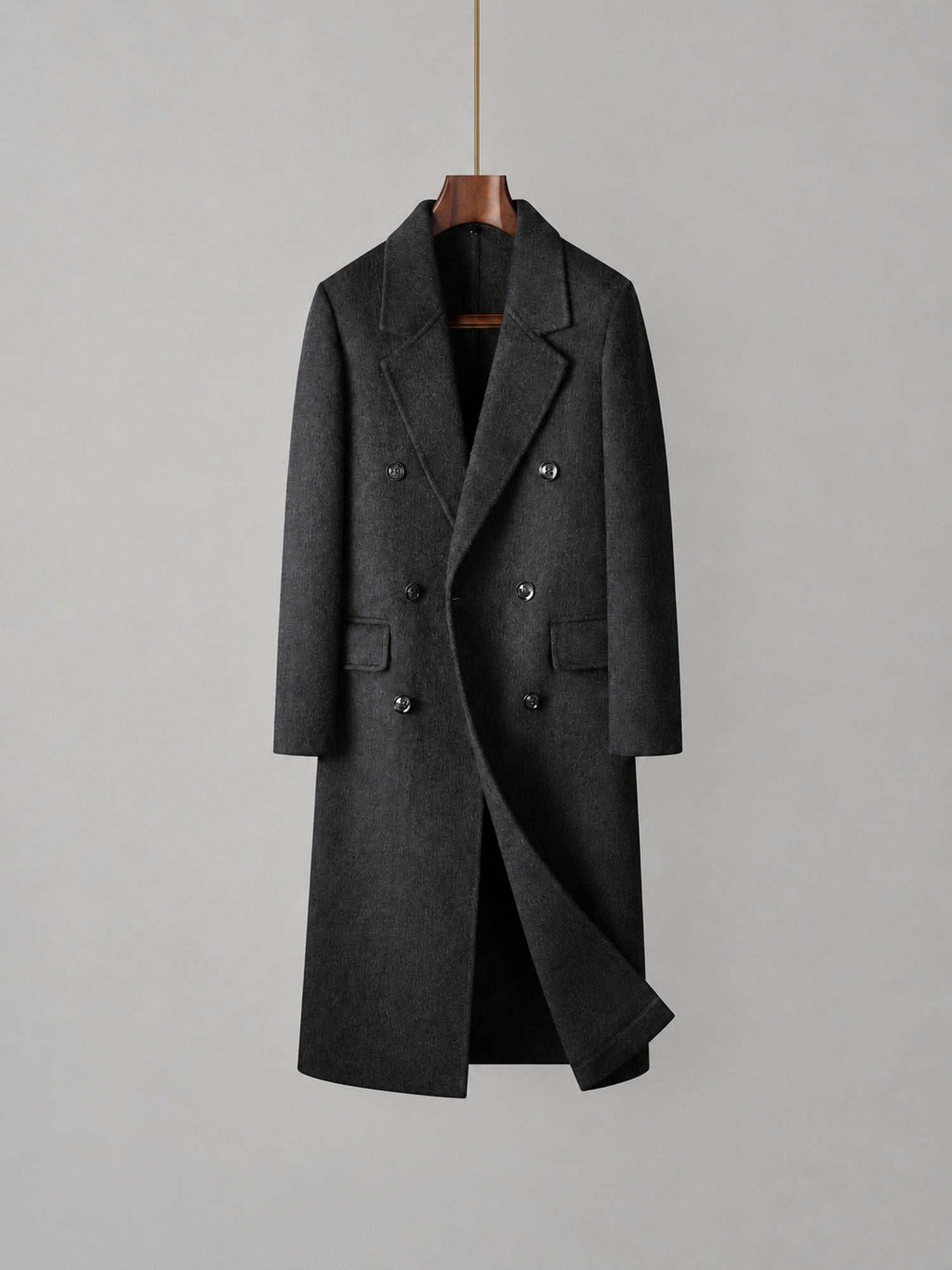 70% Wool Herringbone Double-Breasted Overcoat – Men – Charcoal – front