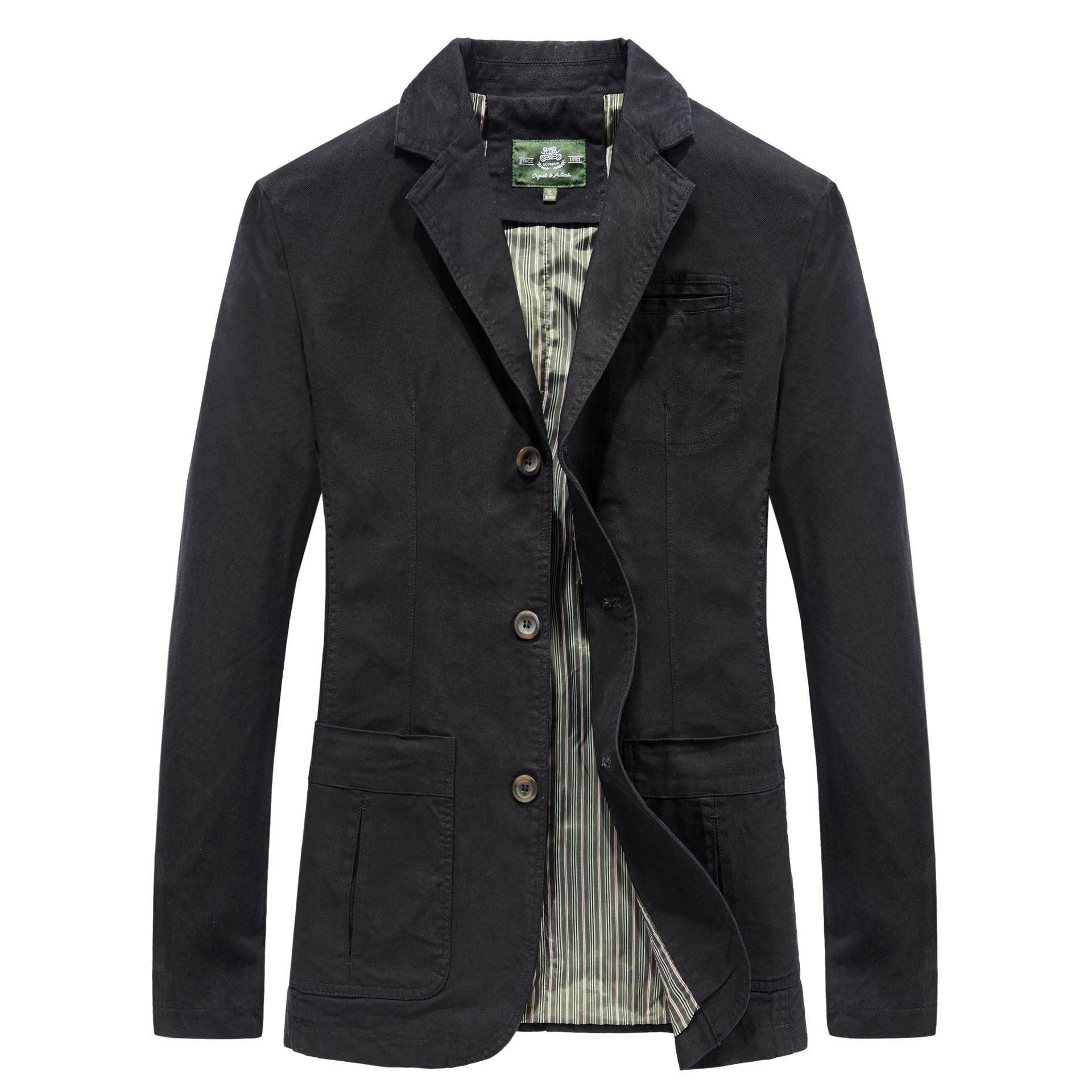 100% Cotton Washed Blazer, Patch Pockets – Men – Black – front