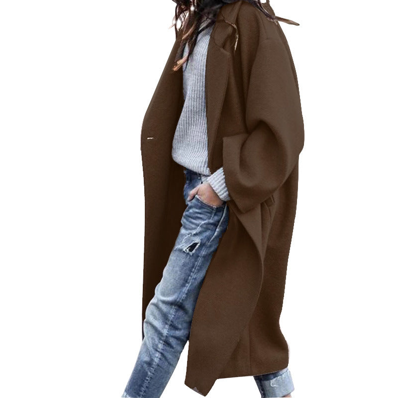 Long Oversized Lapel Coat – Women – Brown – worn