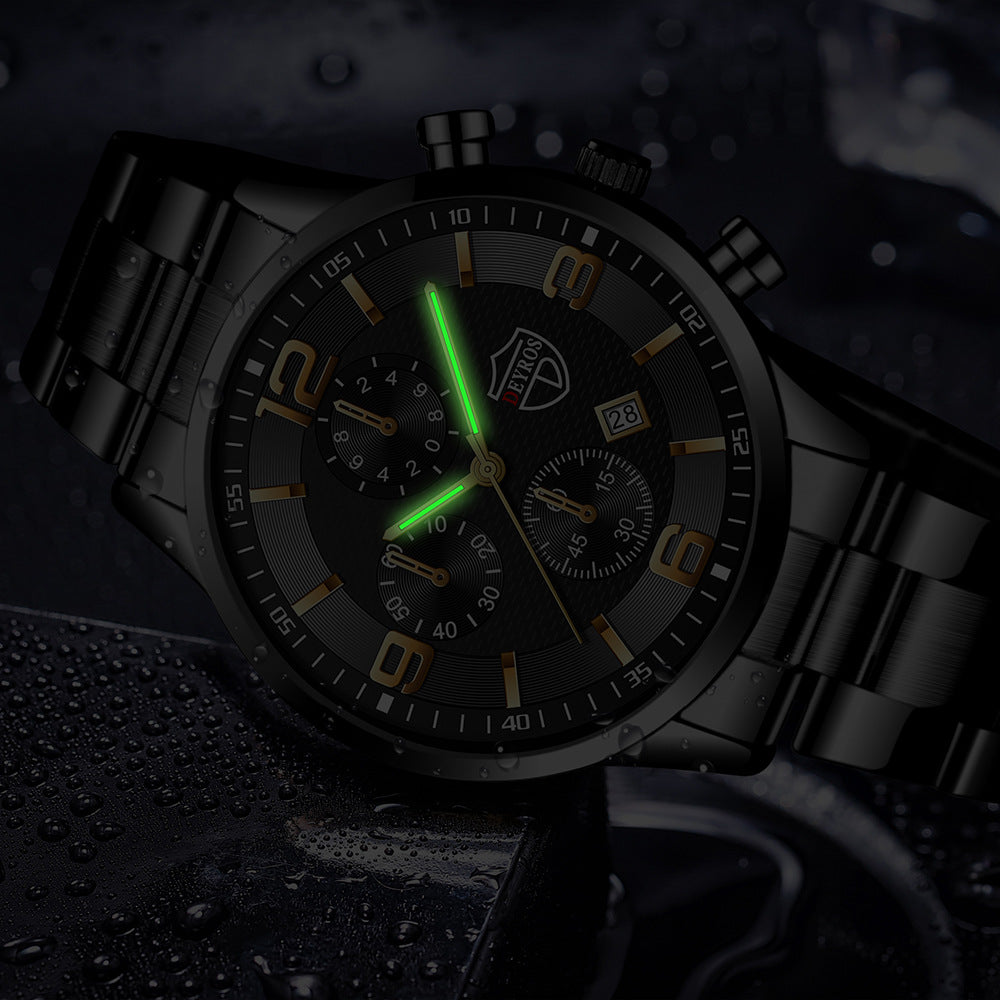 Stainless Steel Chronograph Watch – Men – Black · Black Dial · Gold Hands – luminous hands