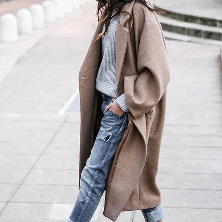 Long Oversized Lapel Coat – Women – Stone – worn