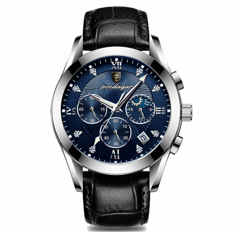 Sapphire-Glass Dress Watch, Date, Leather or Steel – Men – Silver · Blue Dial · Black Leather – front