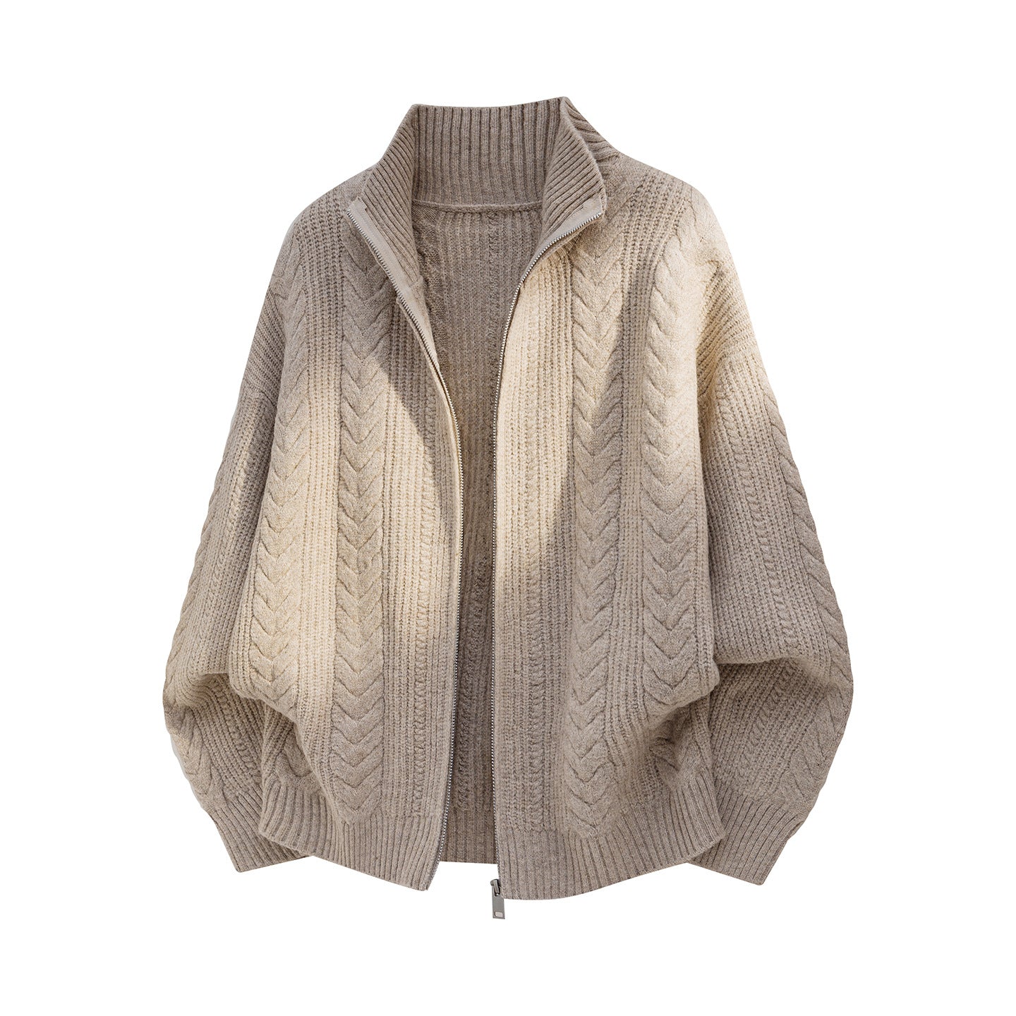 Cable Knit Zip Cardigan, Stand Collar, Relaxed Fit – Men – Beige – front