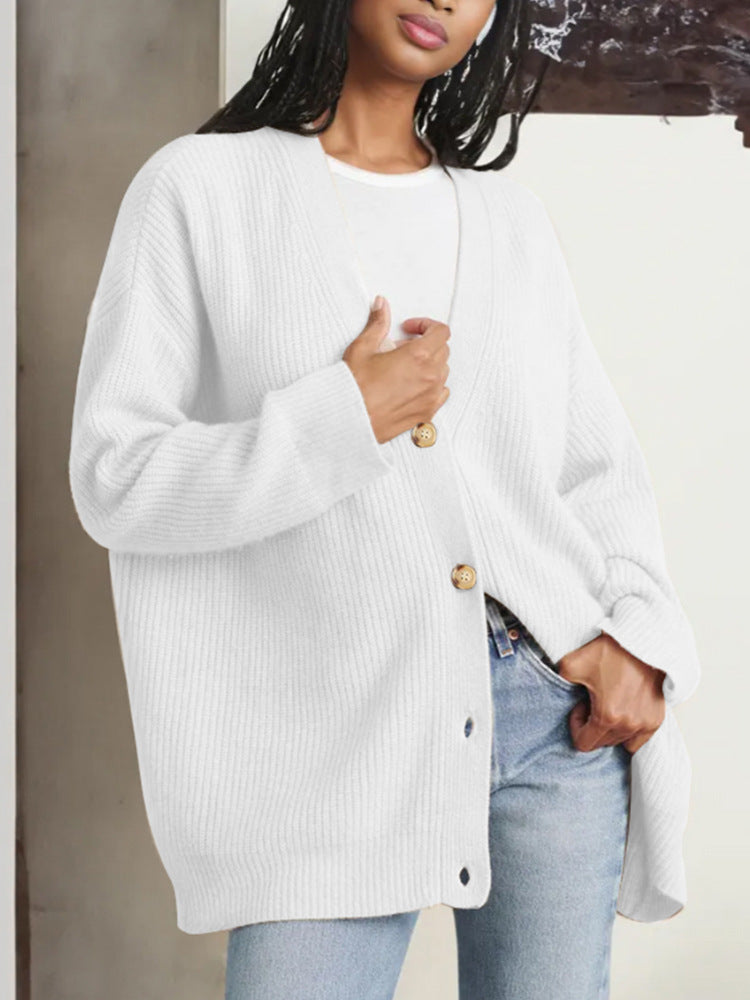 Ribbed V-Neck Button Cardigan – Women – White – worn