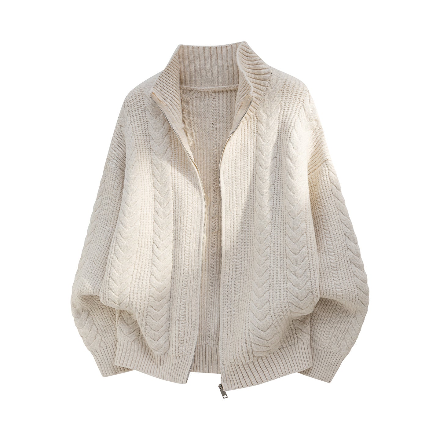 Cable Knit Zip Cardigan, Stand Collar, Relaxed Fit – Men – Cream – front