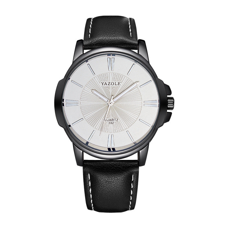 Minimalist Dress Watch, Leather Strap – Men – Black · White Dial · Black Strap – front
