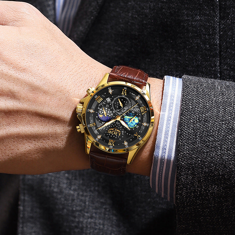 Moon-Phase Starry Dial Watch – Men – Gold · Black Dial · Brown Leather – worn