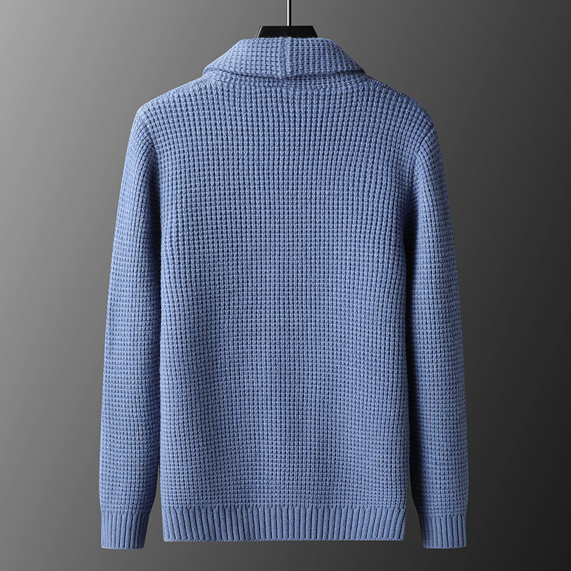 Waffle-Knit Shawl Collar Cardigan – Men – Light Blue – back