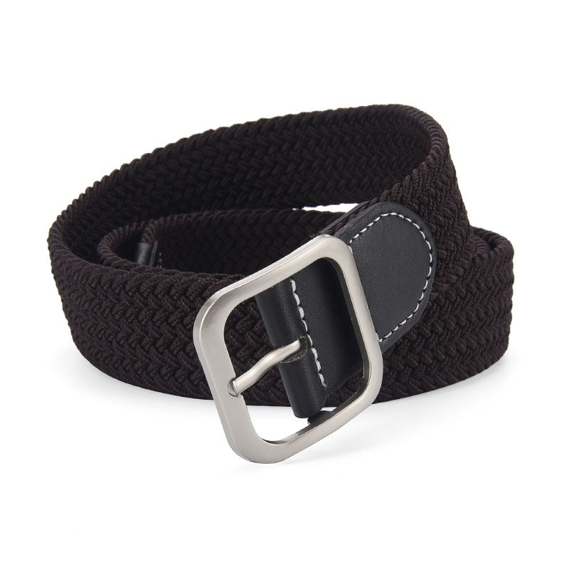 Woven Stretch Belt with Leather-Look Tab – Men – Chocolate · Black Tab – front