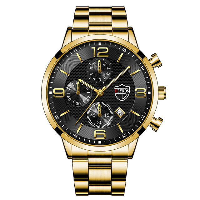 Stainless Steel Chronograph Watch – Men – Gold · Black Dial · Steel Bracelet – front