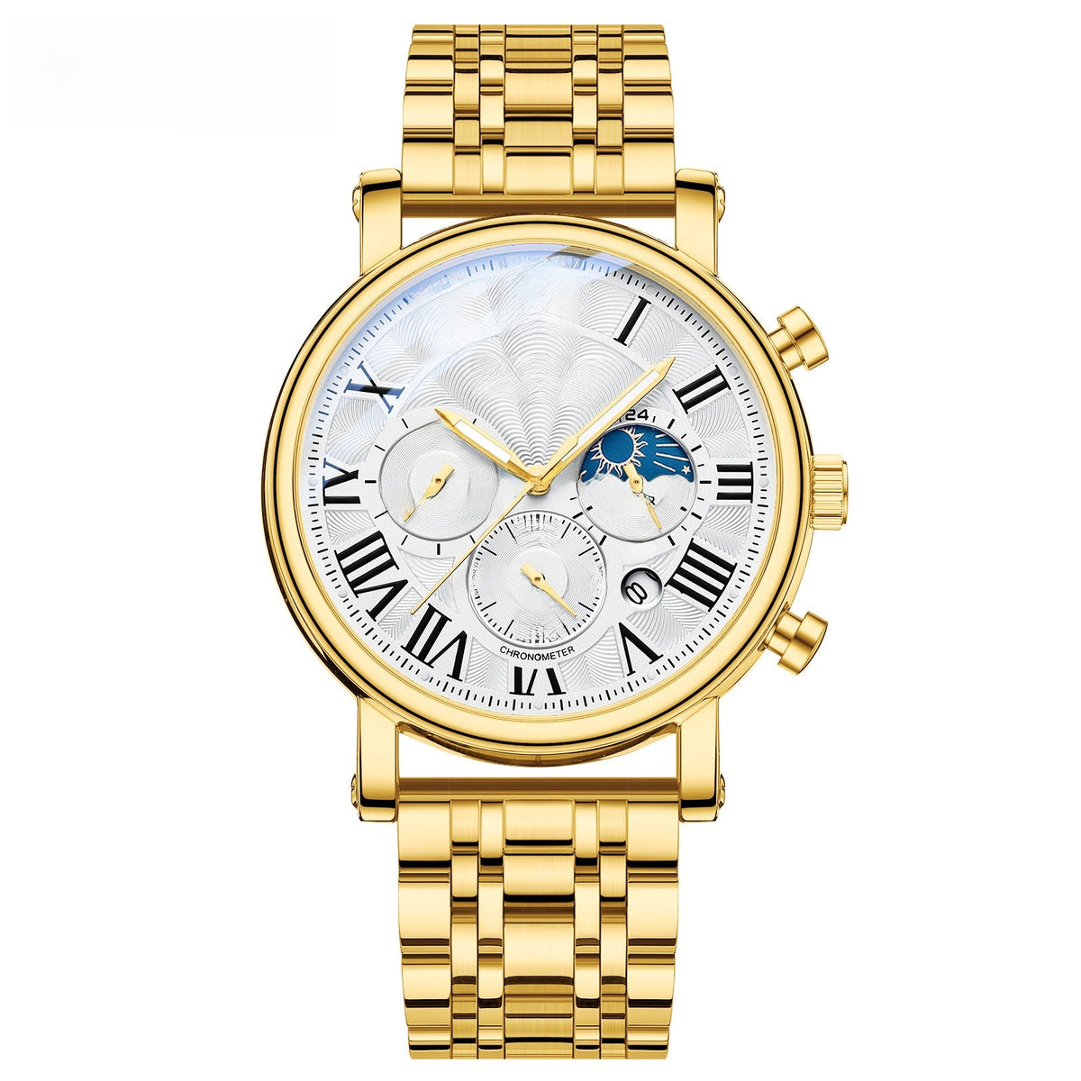 Roman Numeral Moon-Phase Watch – Men – Gold · White Dial · Gold Bracelet – front