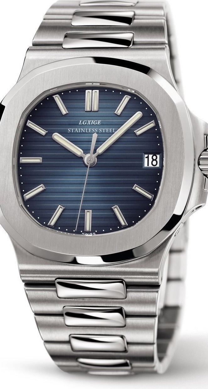 Steel Integrated-Bracelet Watch, Sapphire Glass – Men – Steel · Blue Dial – front, close