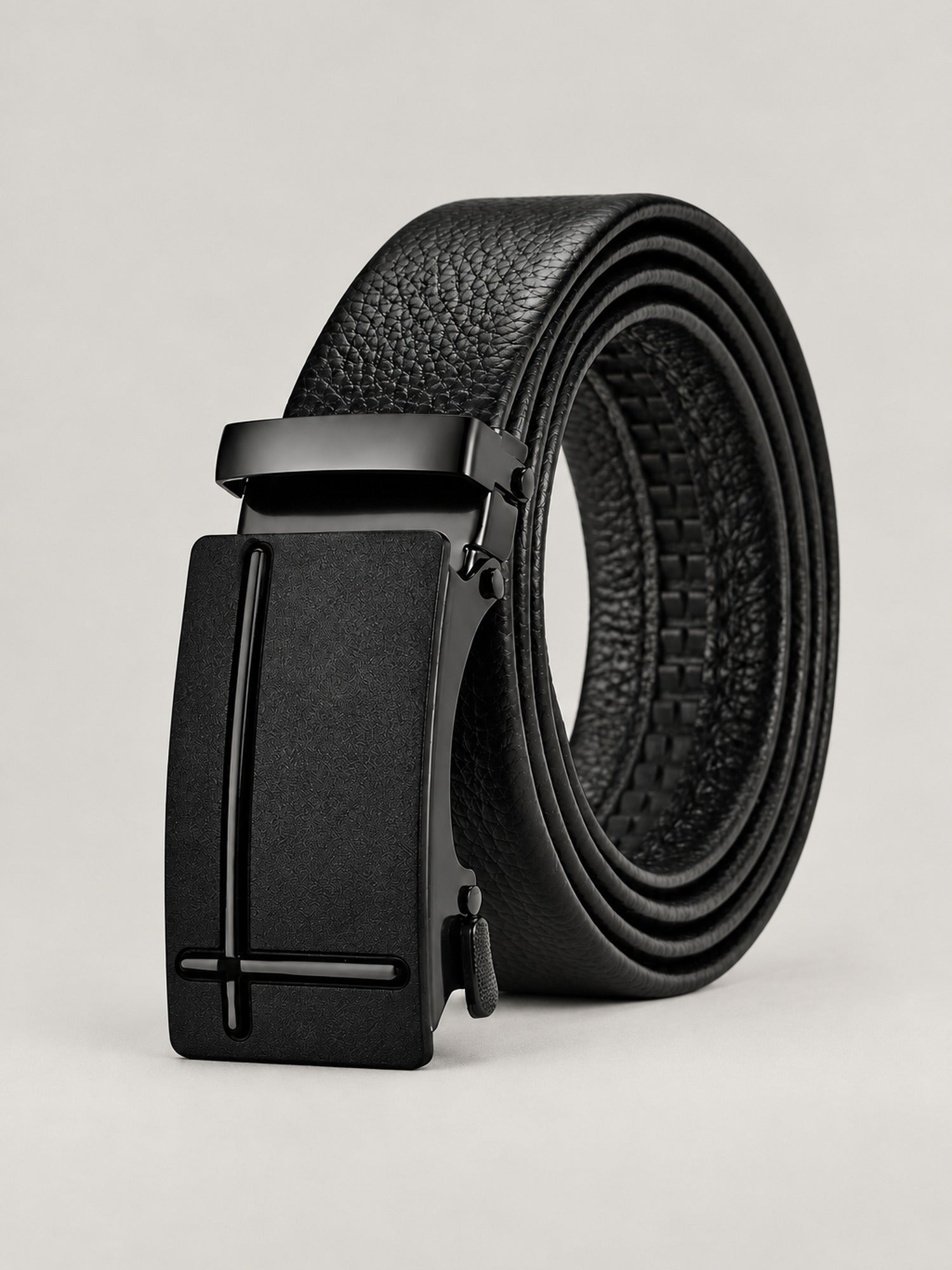 Automatic Plate Buckle Belt, Leather-Look – Men – Matte Black Plate – front