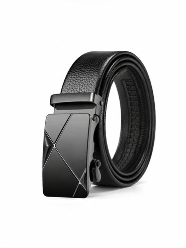 Automatic Plate Buckle Belt, Leather-Look – Men – Black Plate · Diagonal Line – front