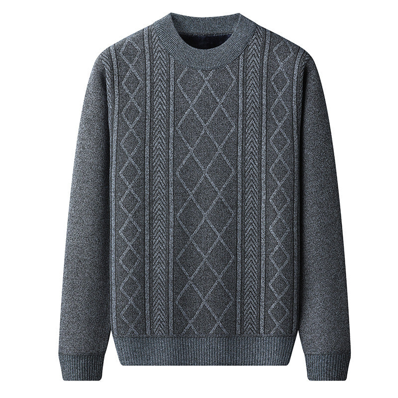 Fleece-Lined Chenille Cable Knit Crew Neck – Men – Charcoal – front
