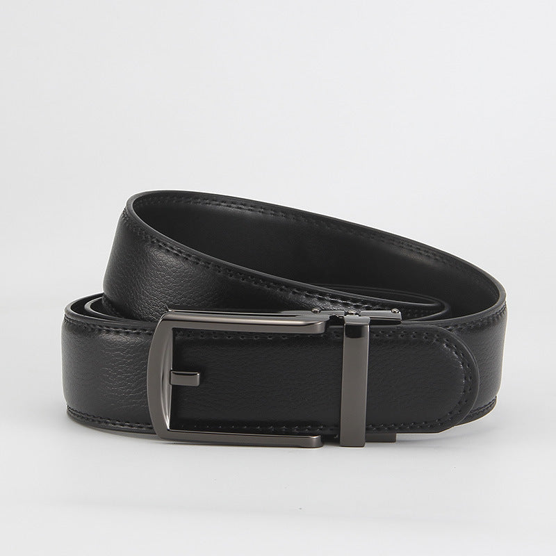 Leather Ratchet Belt, Slim Buckle – Men – Black · Gunmetal Frame Buckle – front
